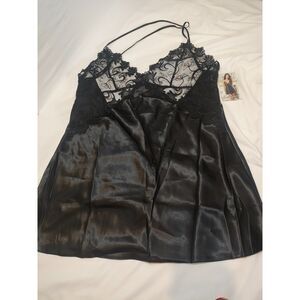 Dreamgirl Black Satin & Lace Chemise Nightie XL NWT